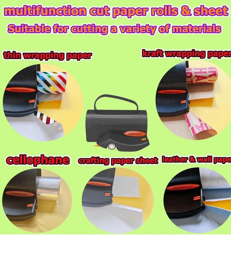 Wrapping Paper Cutter with 3 Replaceable Blade Sets for All Occasion Black