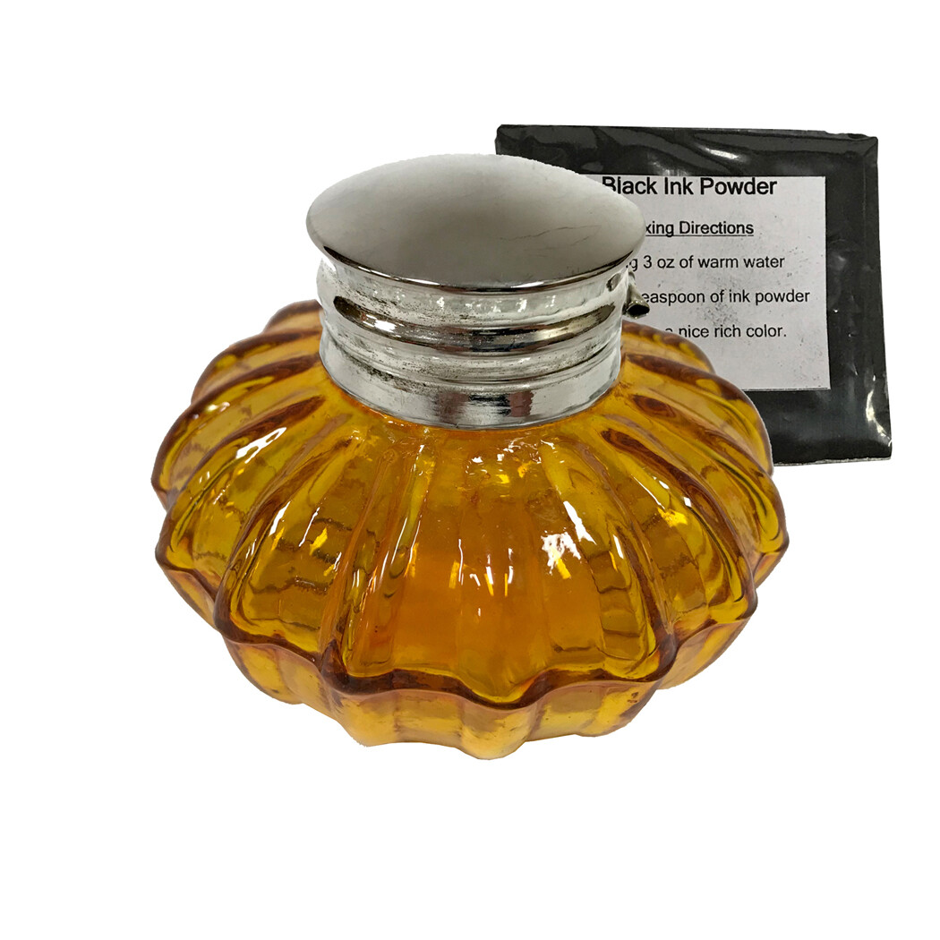 3" Amber Swirl Thick Glass Inkwell with Ink- Antique Vintage Style