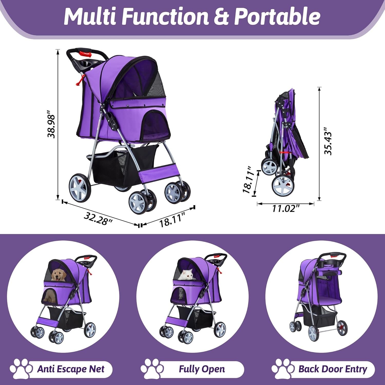 Comfortable All-Season Pet Stroller - 4 Wheels, Breathable Mesh, Easy to Clean