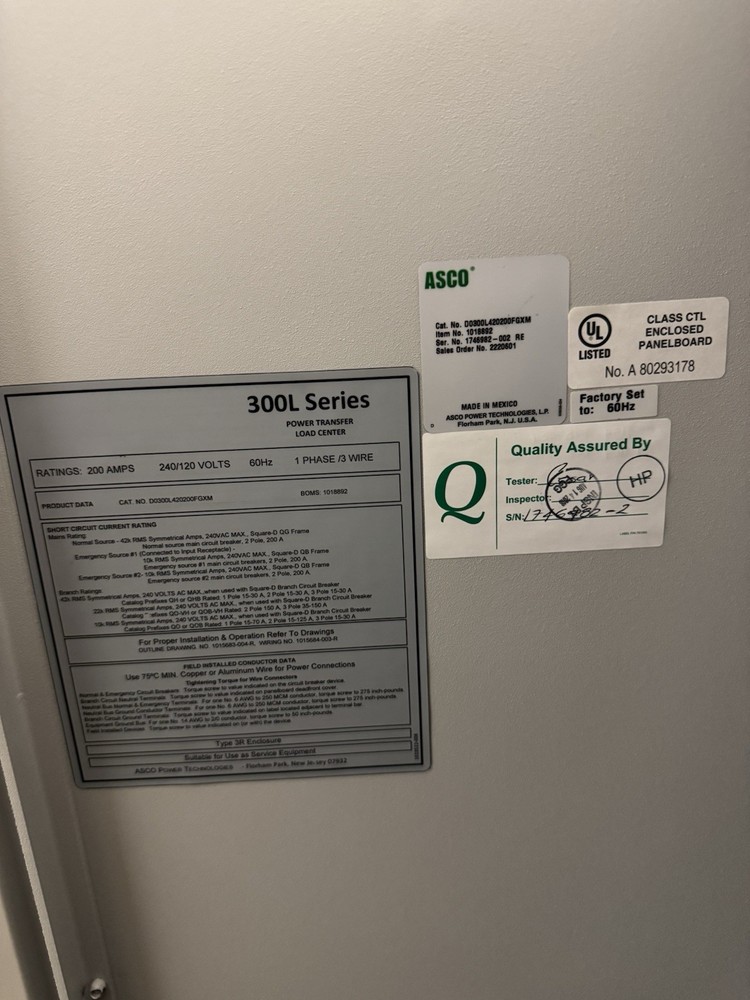 ASCO 200A Power Transfer Switch With Generator Plug