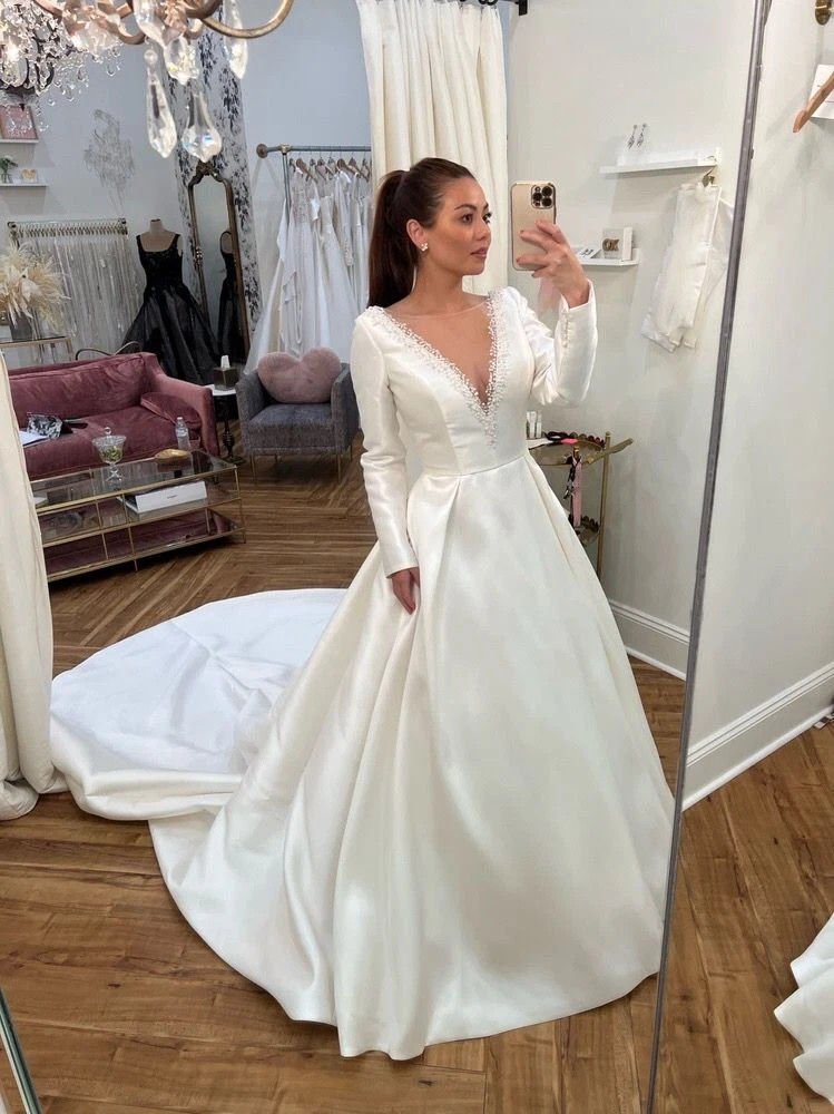Elegant Satin Wedding Dresses Long Sleeve V-Neck Sweep Train A-Line Bridal Gown