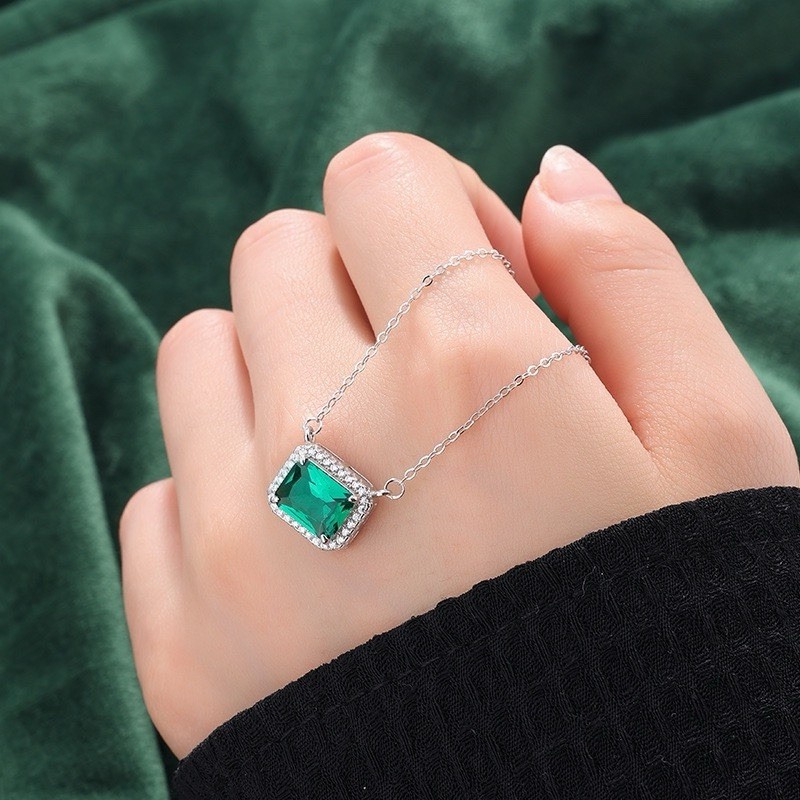 925 Silver Square Green Gemstone Necklace