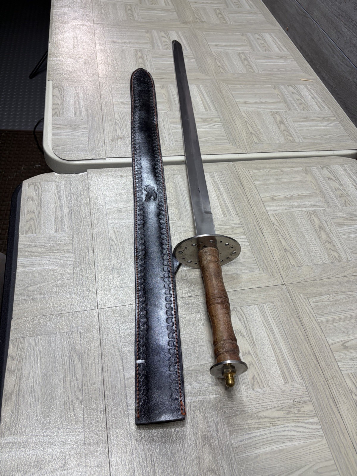 Pakistan Reproduction Battle Sword W Leather Sheath Wood Handle Metal Blade Vtg