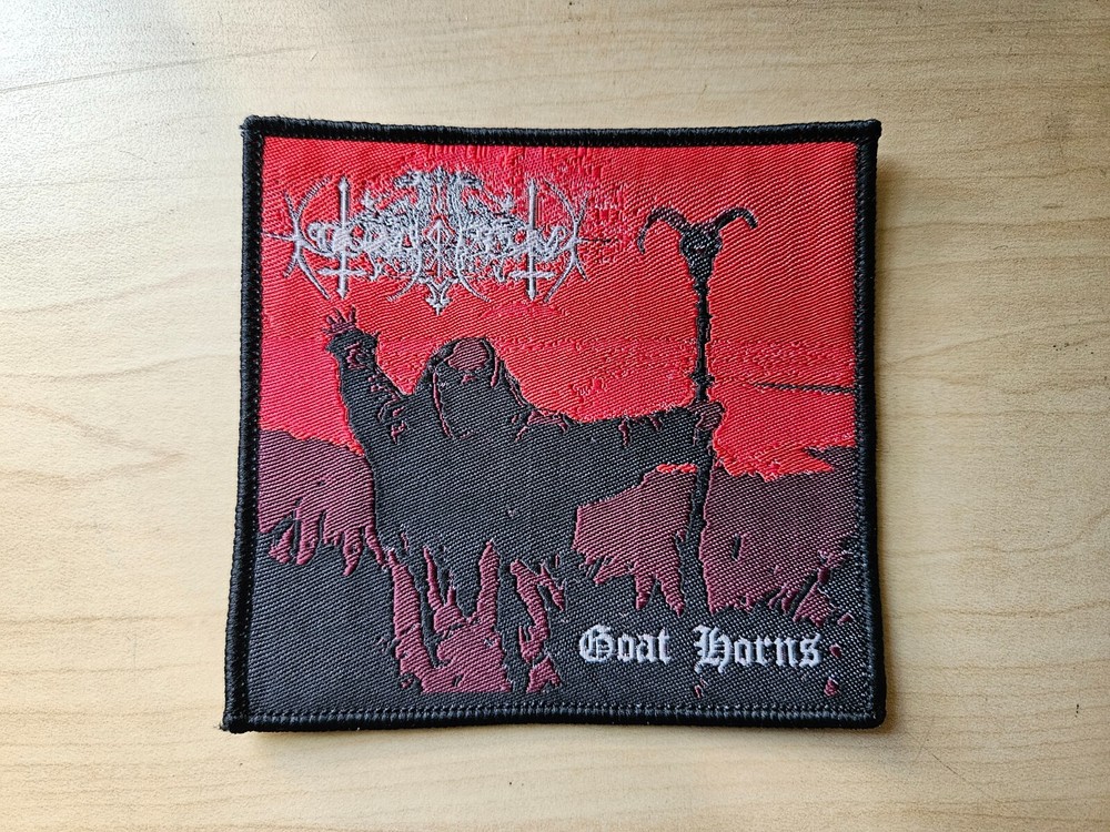 NOCTURNAL MORTUM, GOAT HORNS SEW ON WOVEN PATCH BLACK BORDER
