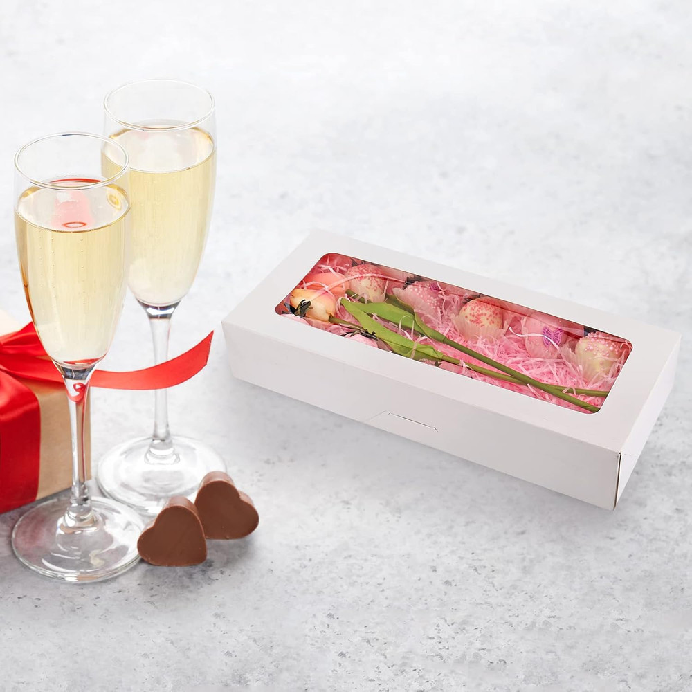 24-Pack 14" X 6" X 2.5" Cookie Boxes, Bakery Boxes with Window, Strawberry Boxes