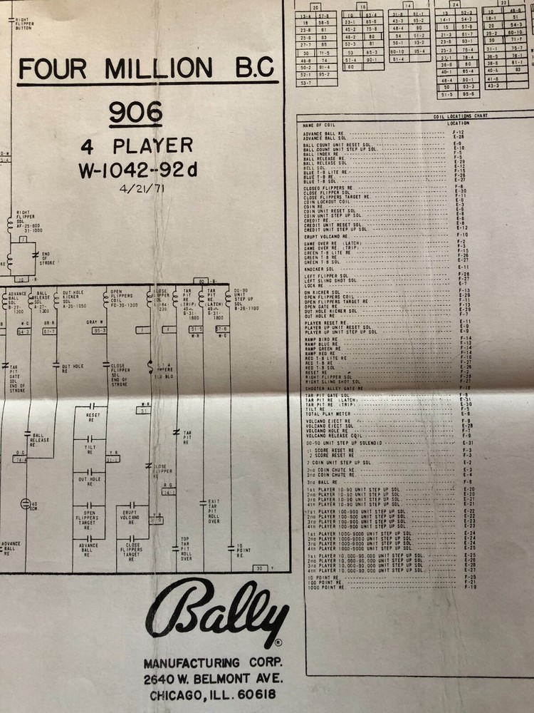 Bally 4 Million B.C. Pinball Machine Schematic