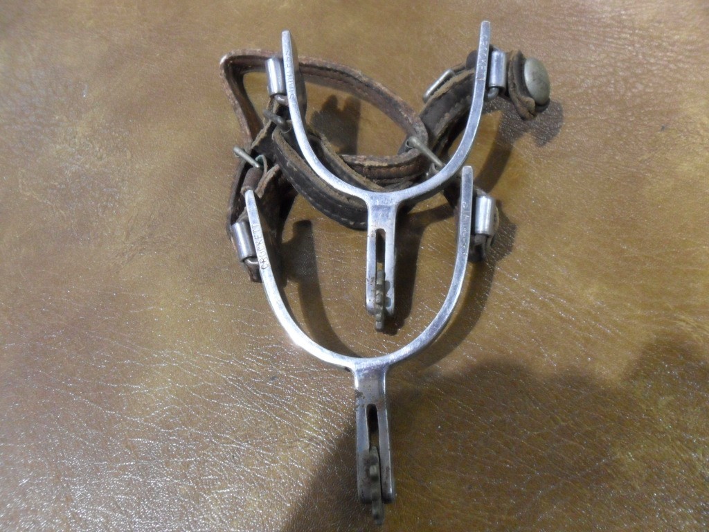 Vintage Crockett Stainless Spurs W/ Leather Straps Cutting Horse 55 Etched