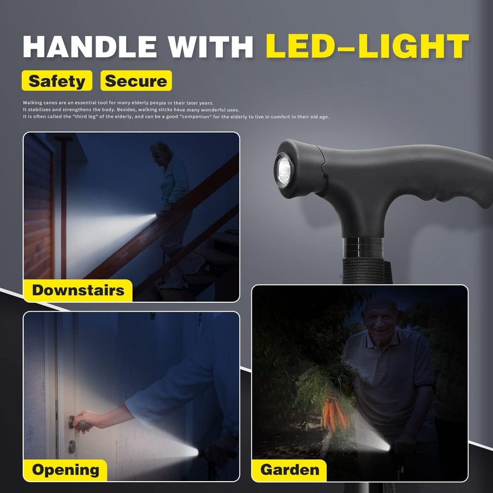 Folding Walking Cane with LED Light & Pivoting Quad Base - Adjustable & Portable