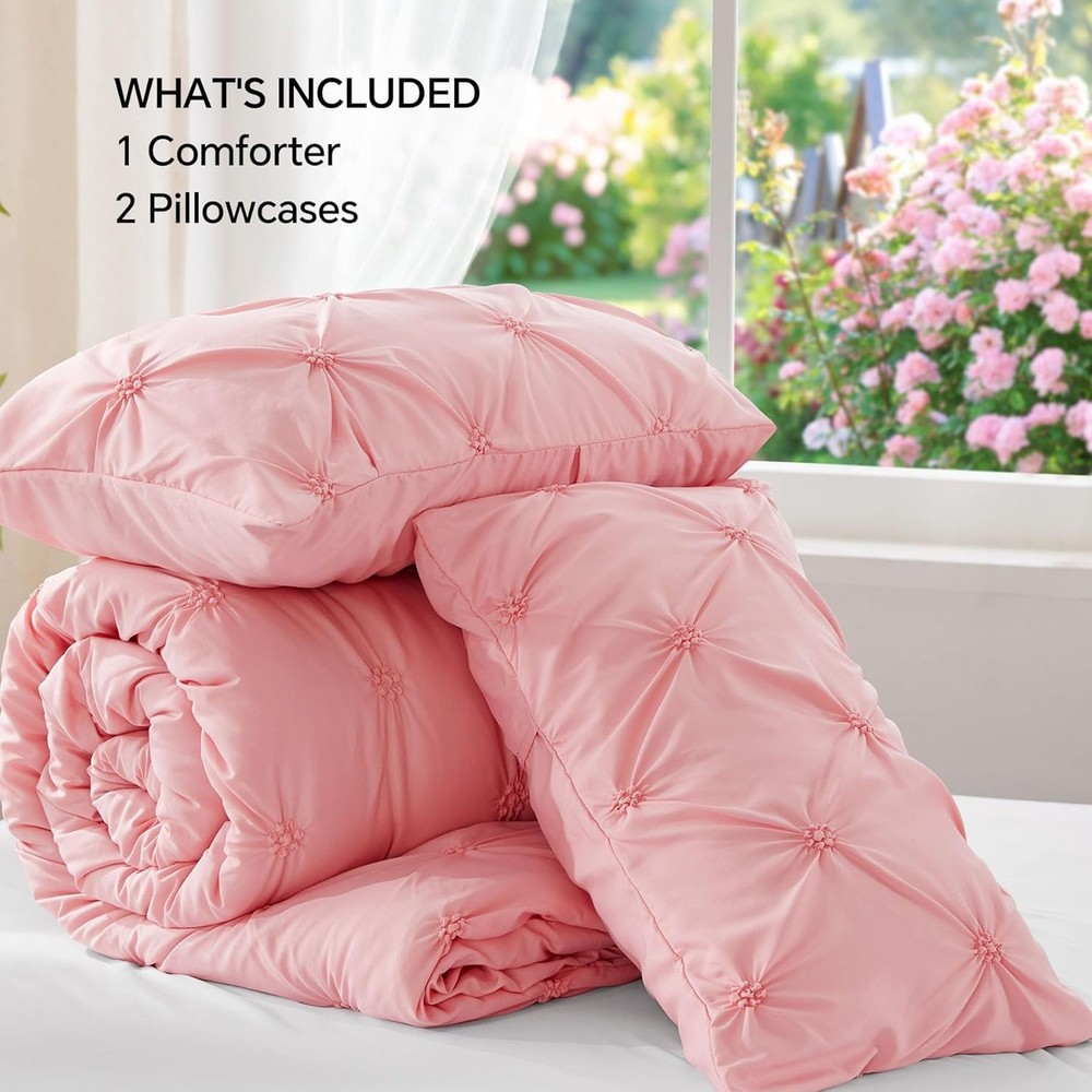 BEDELITE Pink Queen Comforter Set - 3 Pieces Boho Pintuck Bedding Comforter Sets