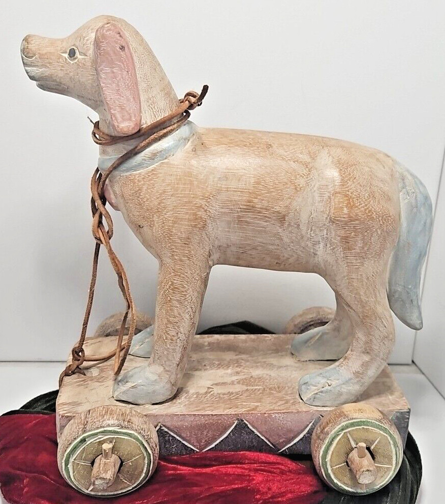 Vintage Wooden Toy Dog on Wheels with Pull Leather String String Handmade