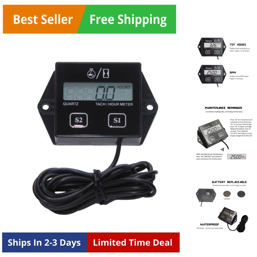 Tachometer for Small Engine,Inductive Hour Meter for 2 Stroke & 4 Stroke Smal...