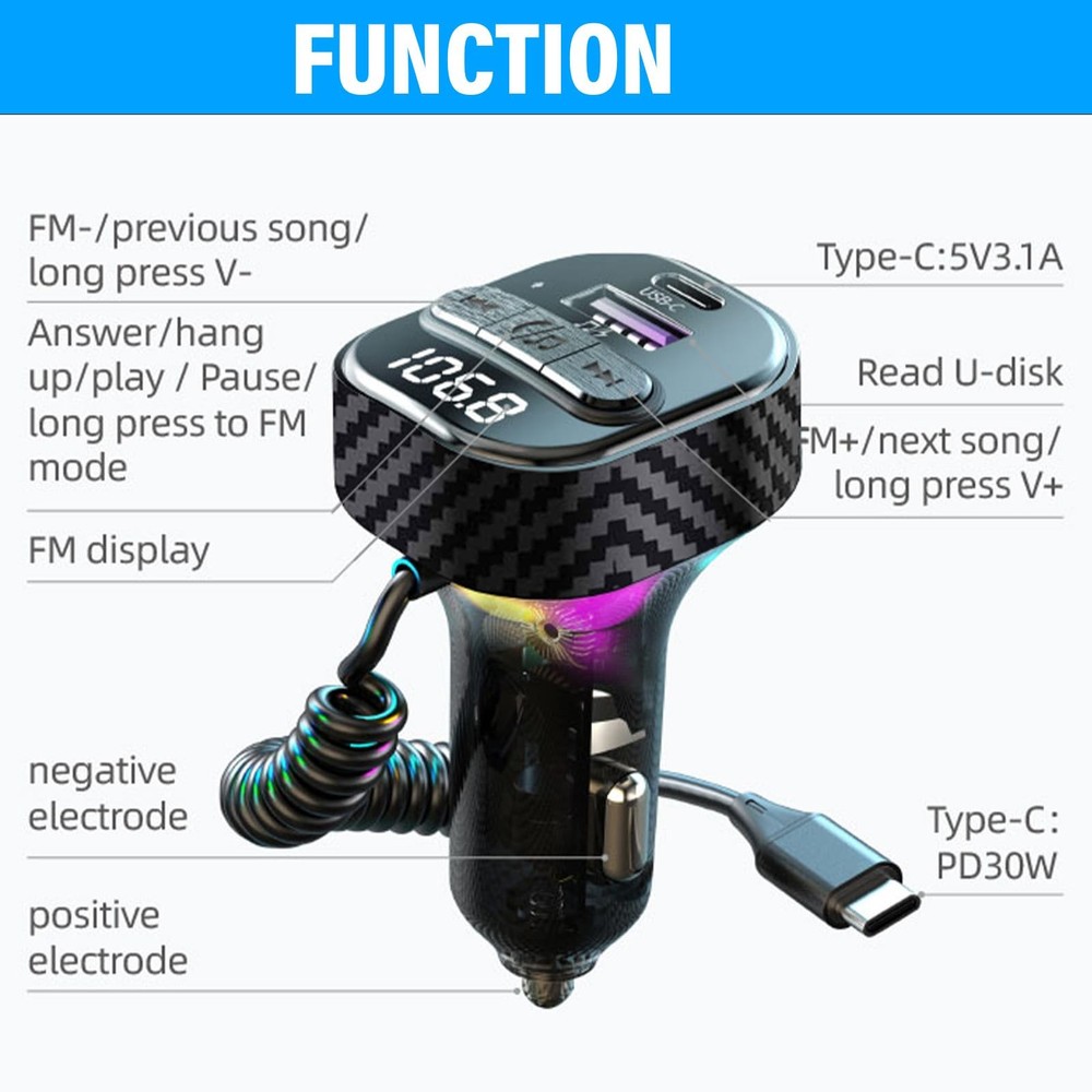 Bluetooth 5.3 FM Transmitter for Car, Car Adapter with Cable-Black