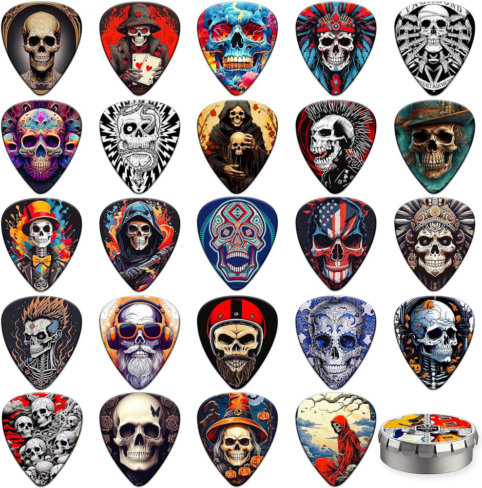 Personalized Skull Guitar Picks 24 Pack - Thin, Medium, Heavy Variety