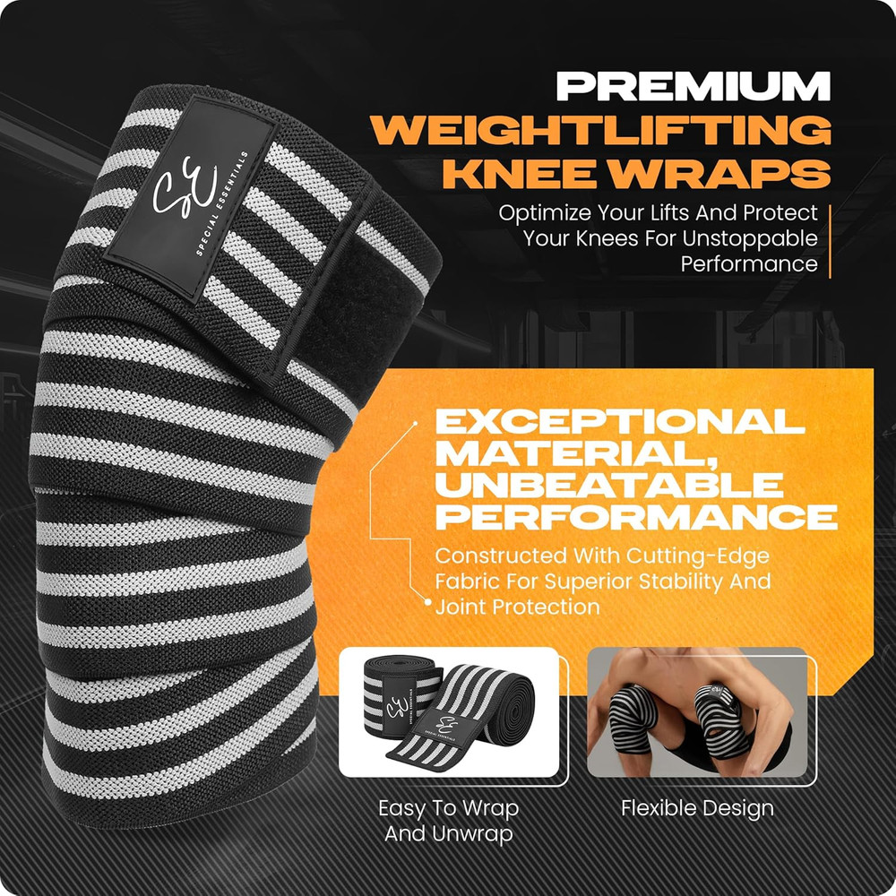 Knee Wraps for Weightlifting with Strap (2 Pack) - 72 Inches Flexible Support...