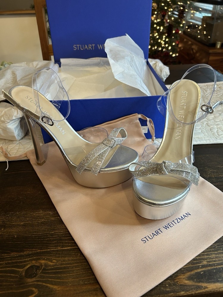Stuart Weitzman Women's Clear Silver Bow High Heels