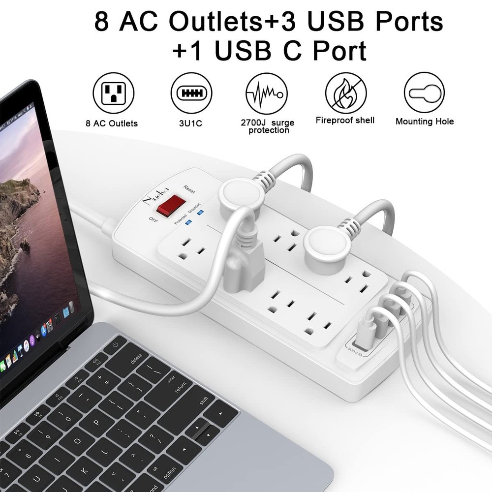 Surge Protector Power Strip - Nuetsa Flat Plug Extension Cord 10 Ft, White