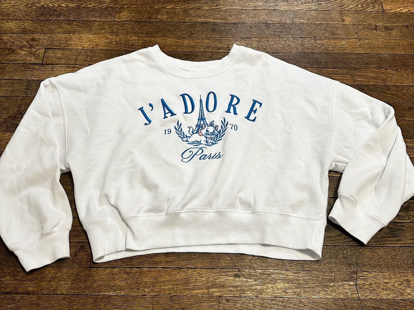 Disney Aristocats Marie J'Adore Paris 1970 Cropped Embroidered Sweatshirt