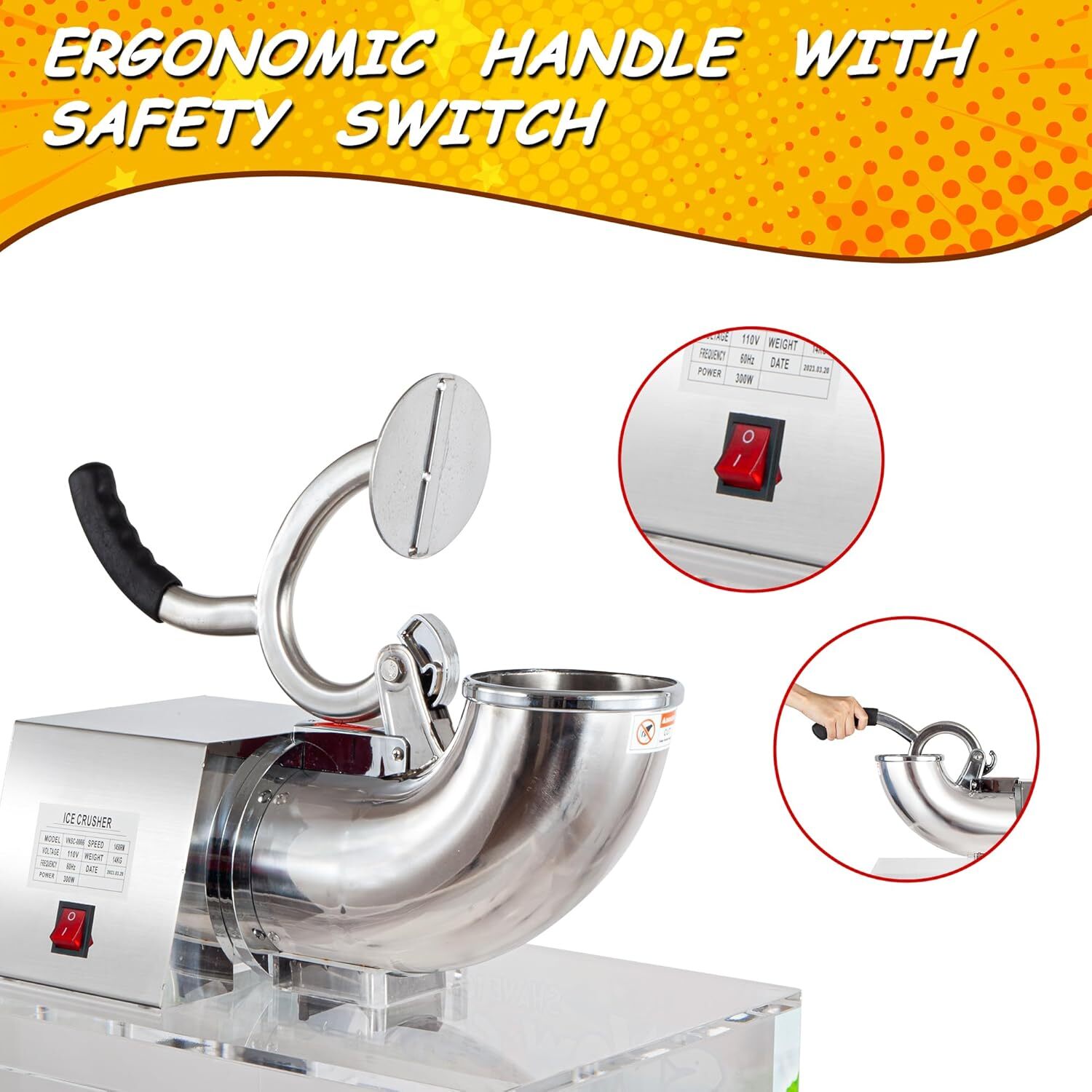 VNN 500LBS/H Commercial Snow Cone Machine Electric Ice Shaver Ice Crusher 48L