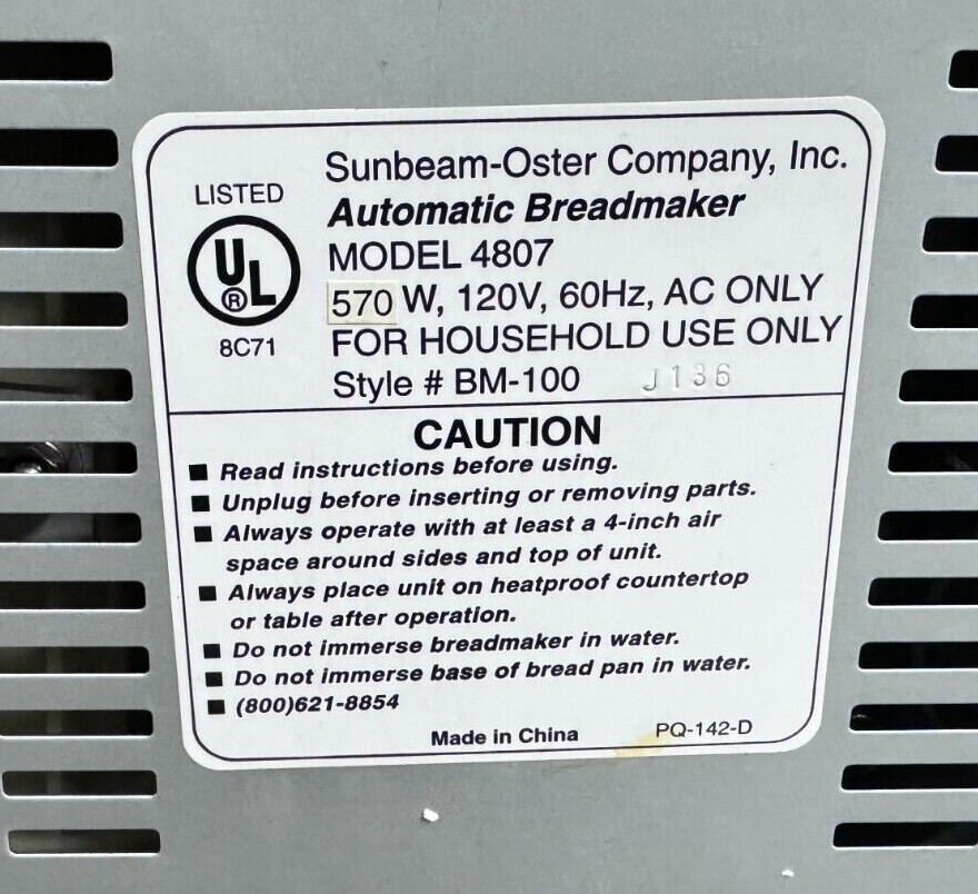 Sunbeam Oster Bread Maker BM-100 Style # 100 Replacement Part
