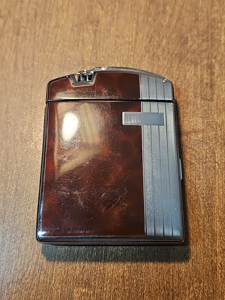 RONSON LIGHTER & CIGARETTE CASE WITH CHROME & TORTOISE BROWN ENAMEL