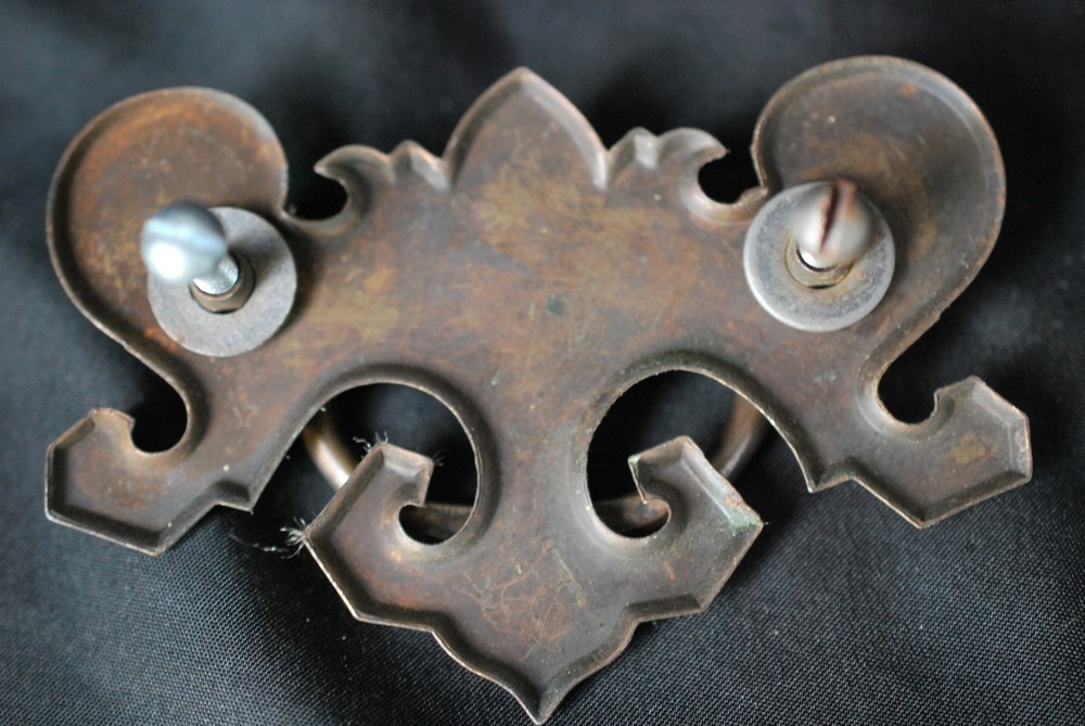 Pair Vintage Fleur-de-Lis Brass Drawer Pulls 2.25" OC Posts 3.75" Length