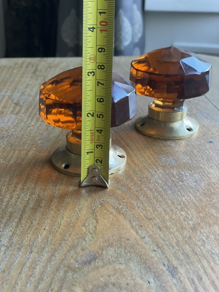 2 x Brass And Amber Glass Door Knobs, Handles Pair