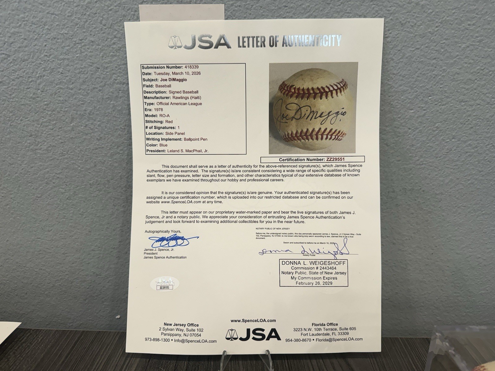 Joe DiMaggio Autographed Rawlings Baseball JSA COA ZZ29551