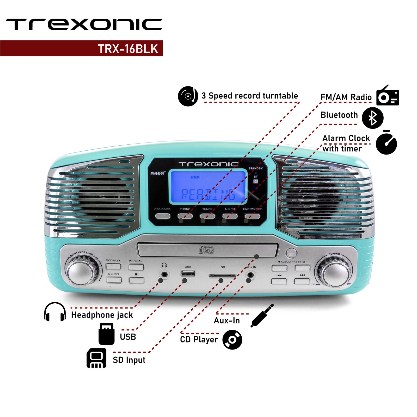Trexonic Retro Wireless Bluetooth, Record and CD Player in Turquoise