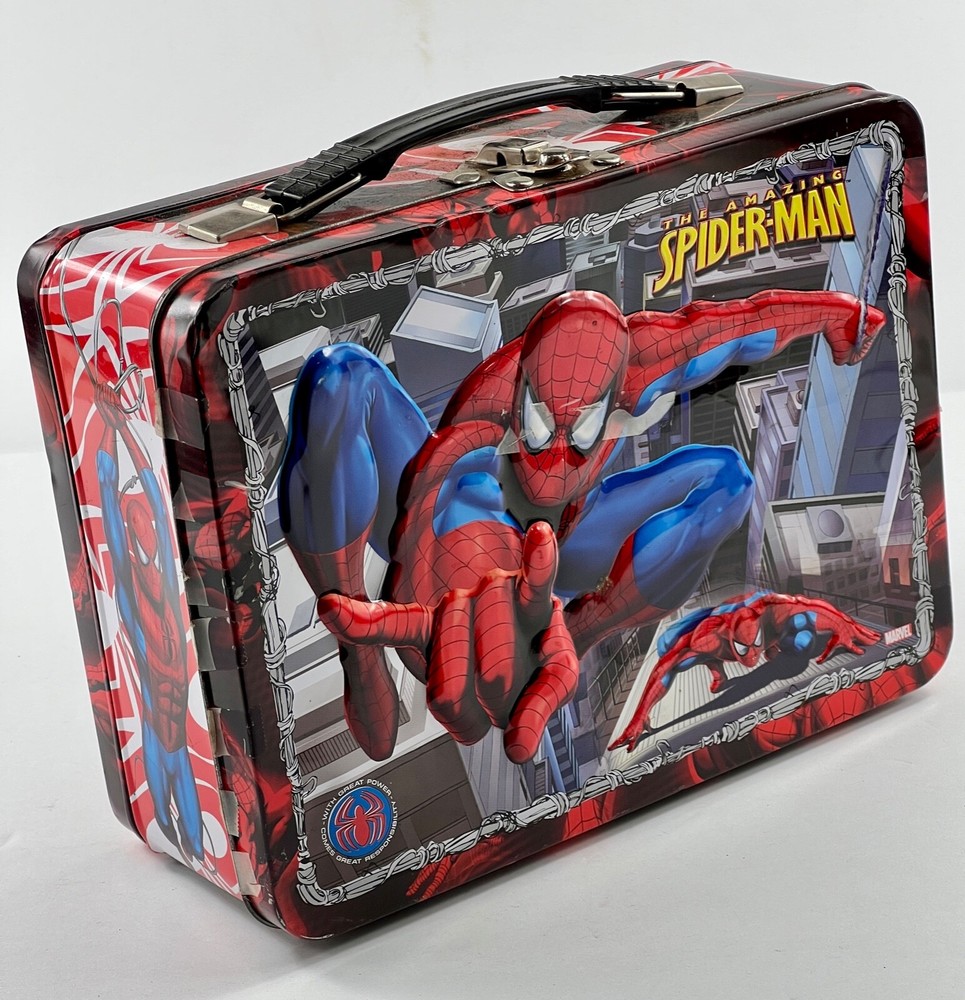 Spiderman Lunch Box Metal Embossed Black Handle