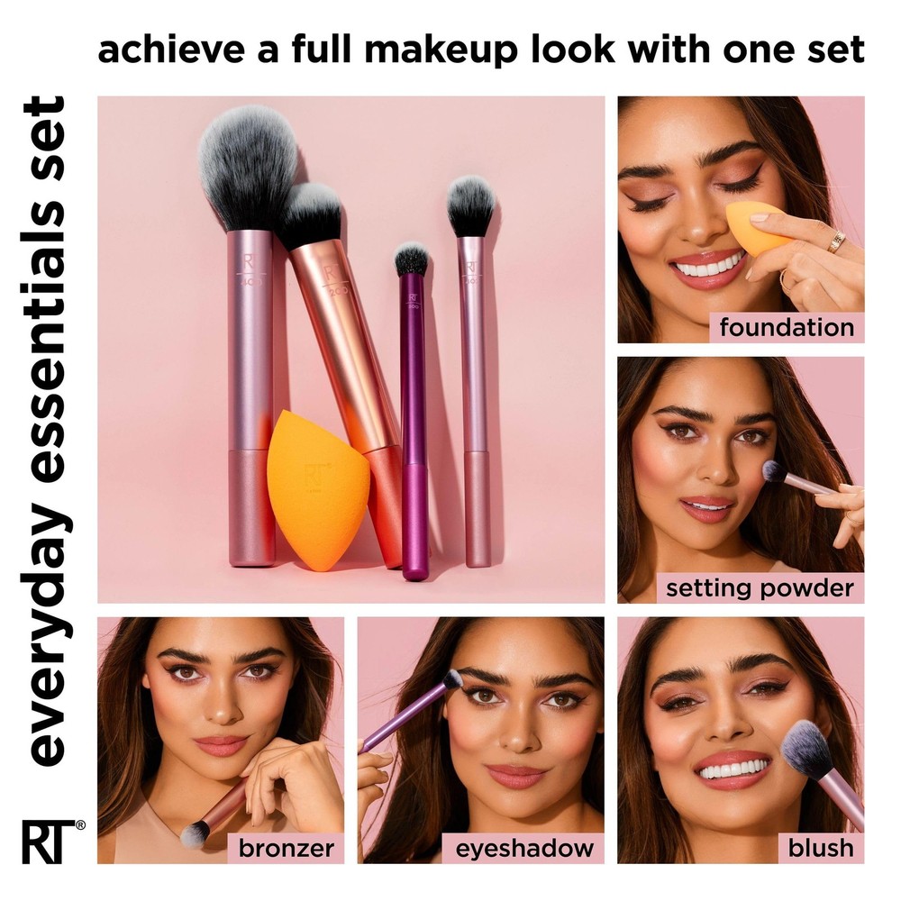 Real Techniques Everyday Essentials Kit, Makeup Brush & Sponge Set, 5 Piece Set