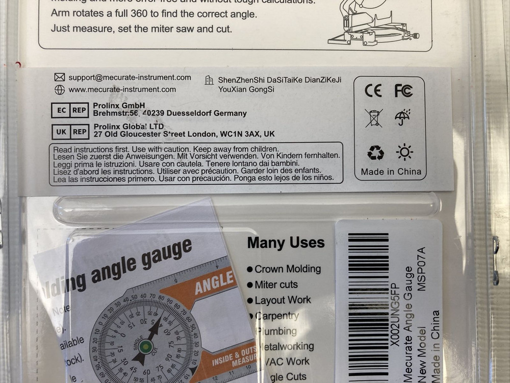 Mecurate Miter Saw Protractor Angle Gauge With Bubble Level New NIB