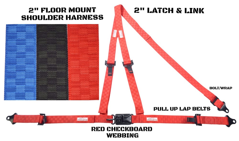 2" LATCH & LINK Y FLOOR MOUNT HARNESS 3 POINT PULL UP LAP BELTS RED CHECKERBOARD