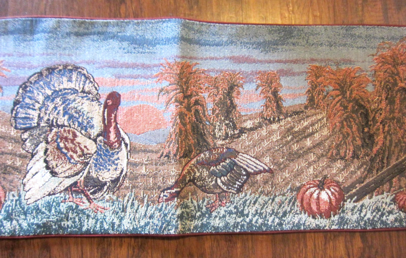 Thanksgiving Themed Woven Tapestry Table Runner Turkey Pumpkin Barn Hay 35x12.5