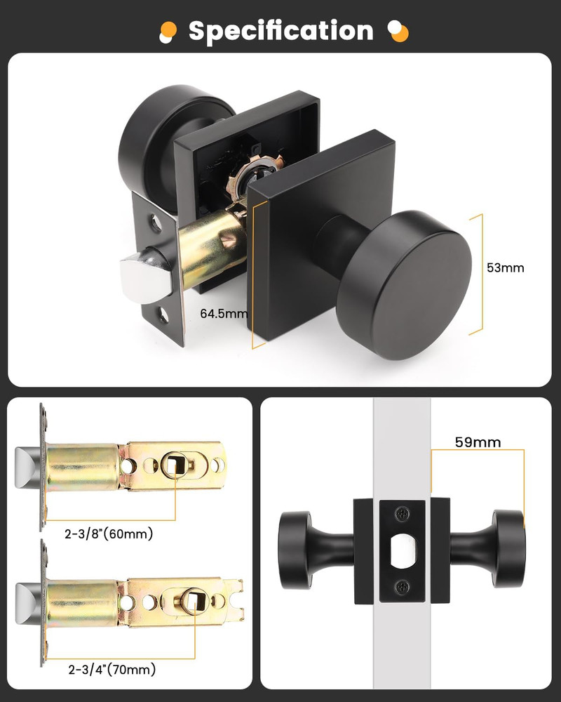 Matte Black Door Knobs with Square Rosette - 10 Pack, Heavy Duty Handles