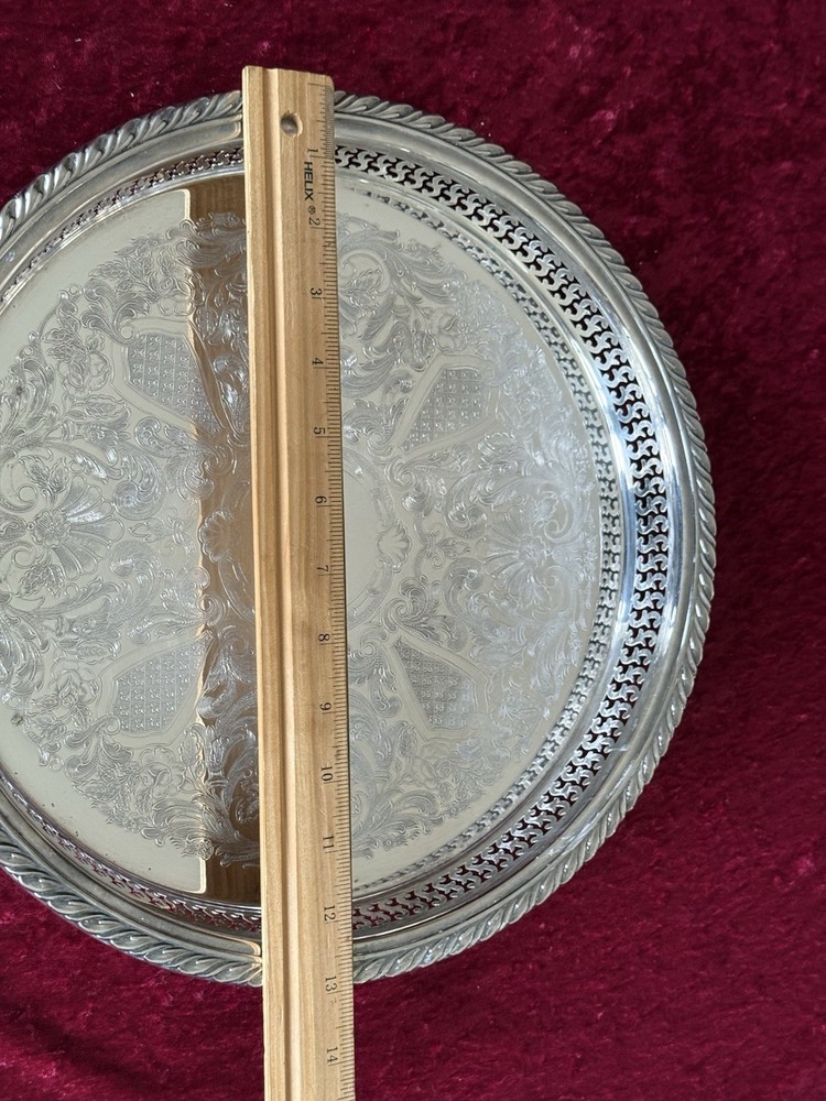 VTG Silver-plate 13” Tray Oneida USA with Scroll Etching Raised Rim Pierced.