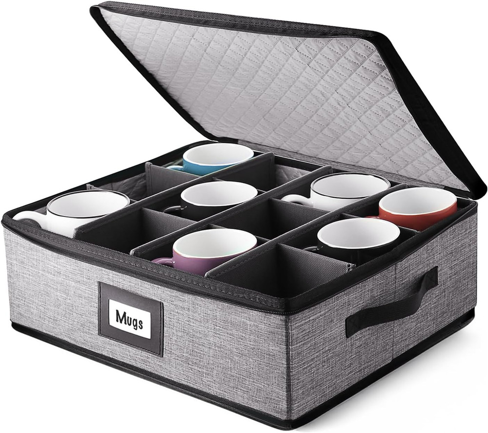 Stackable Quilted Coffee Mug Storage Organizer for 12, Grey Hard Shell