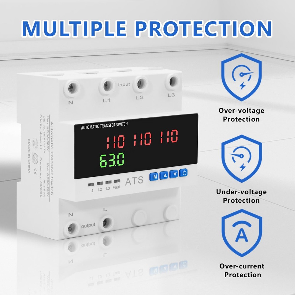 63A AC110V/120V 3-Phase Automatic Transfer Switch with 4 Digits LED...