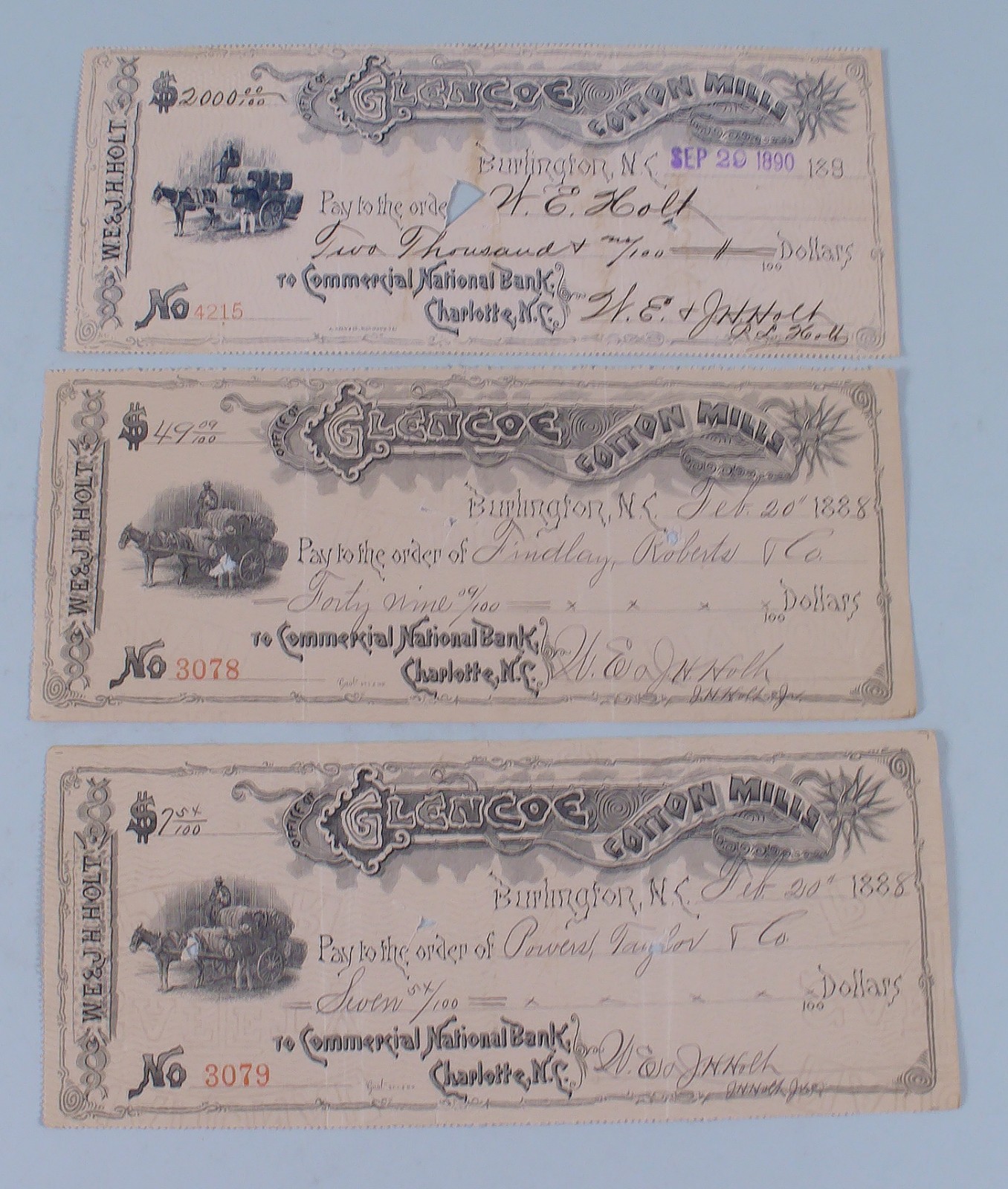 WHOLESALE Lot 100 Bank Checks Glencoe Cotton Mills Burlington, NC 1880's/1890s