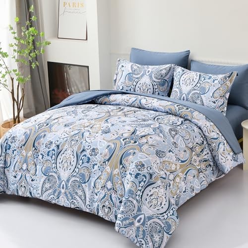 Blue Paisley Comforter Set 7 Pieces Bed in a Bag Boho Queen Light Blue