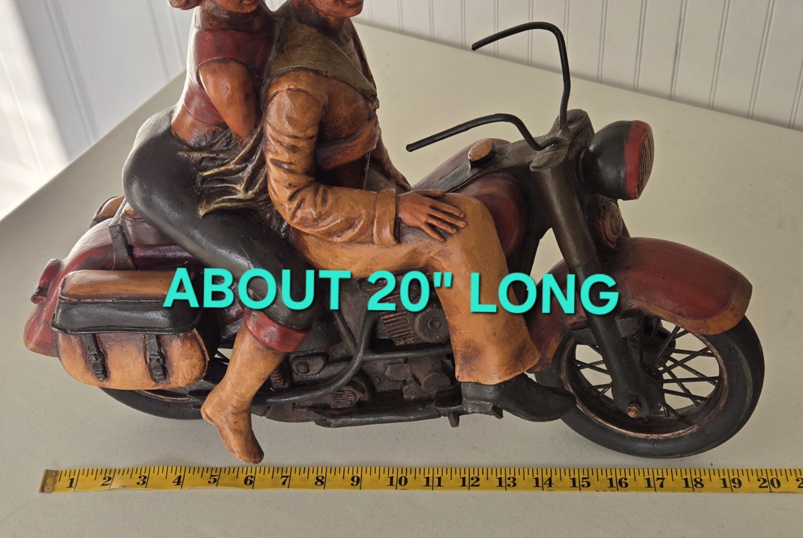 LARGE Wooden Sailor & Date Couple Riding Harley Davidson Motorcycle Sculpture