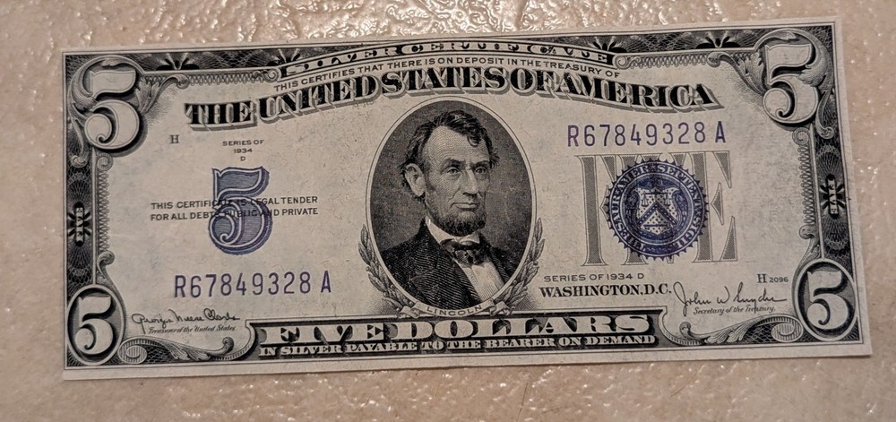 $5 1934-D Five Dollar Note Bill Silver Certificate!!!!!!328