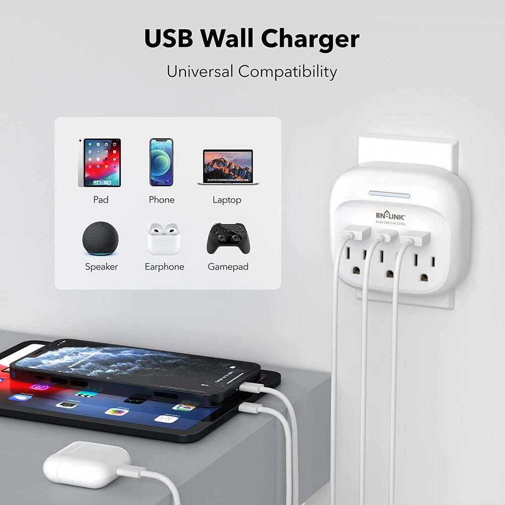 Multi Plug Outlet Extender With USB C, 3 Outlets Surge Protector 600J Wall Plug