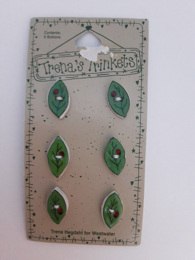 NEW VTG 1996 Trena's Trinkets Buttons Ceramic 6 Ladybug Leaf 1"