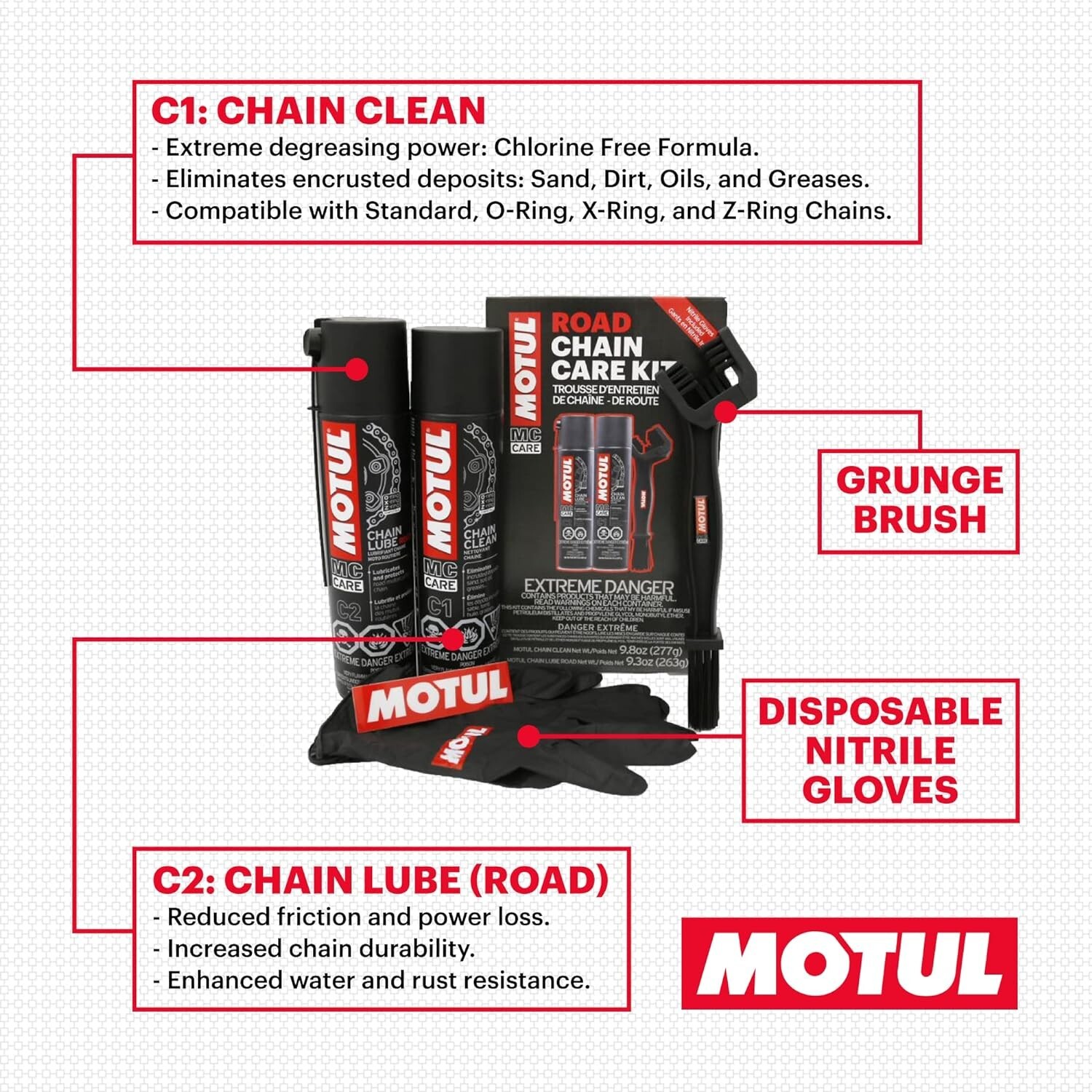 MOTUL 109767 Motorcycle Chain Clean Lube Kit C1 C2 Complete MC Care System Road
