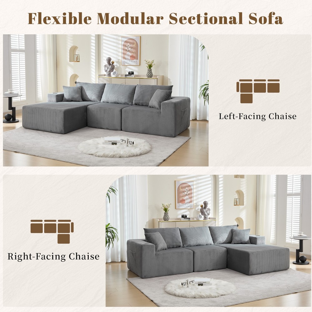 L Shaped Corduroy Sofa Cloud Couch Compression Boneless Sofas w/ 5 Throw Pillows