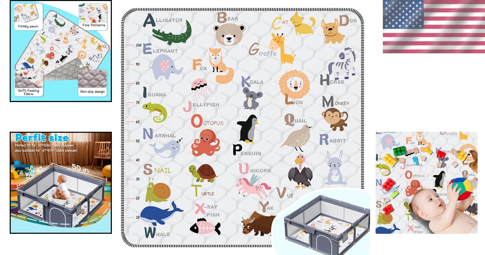 Portable Foldable Baby Play Mat - 50" x 50" Animal Alphabet Crawling Surface
