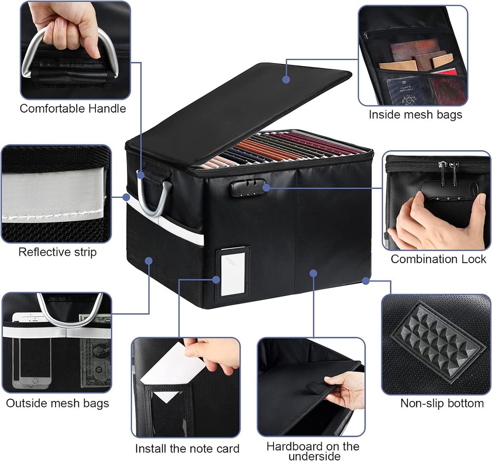 Fireproof Document File Organizer Box, Safe Box with Black-Box
