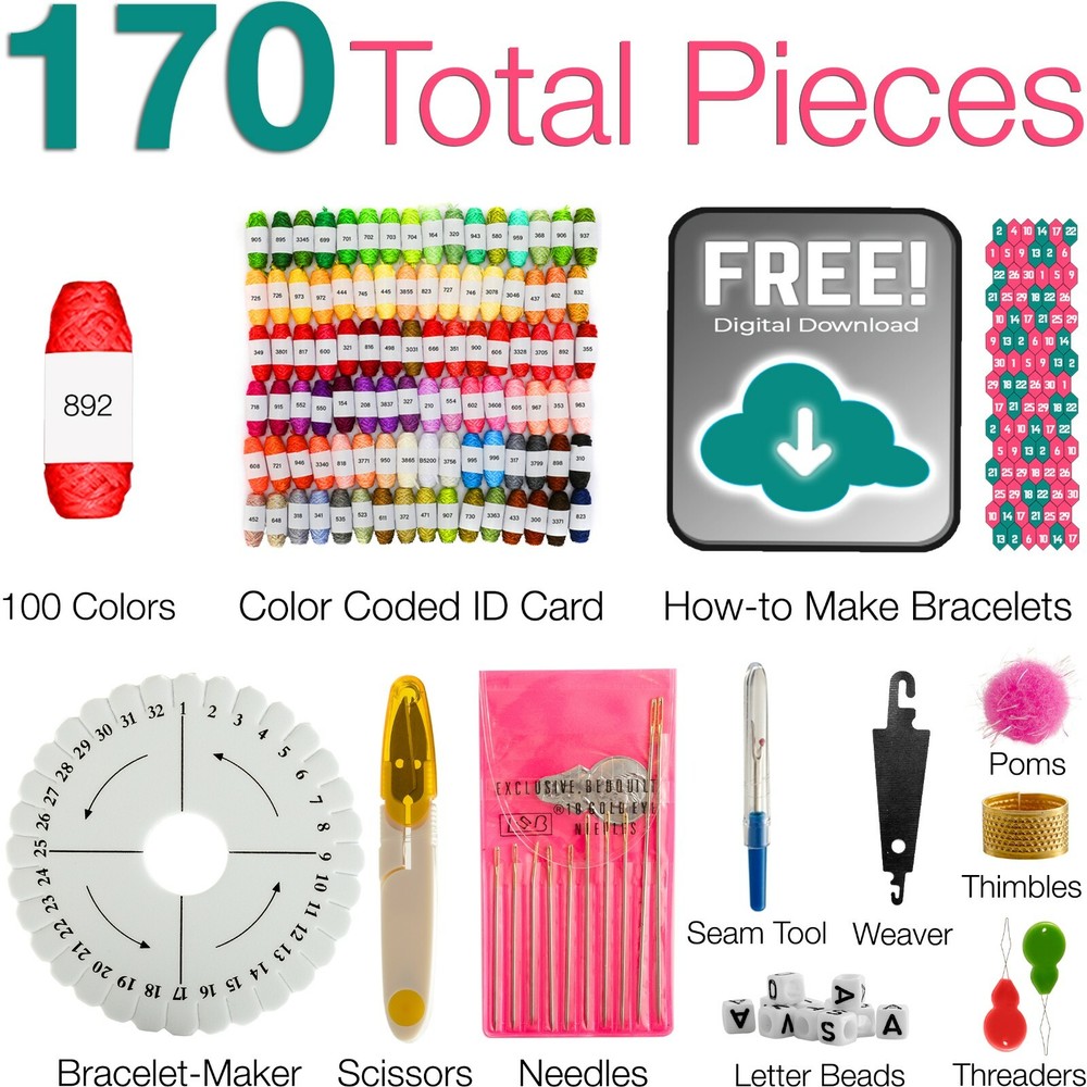 Friendship Bracelet String Kit - 170pc Embroidery Floss Kit Thread Making Set