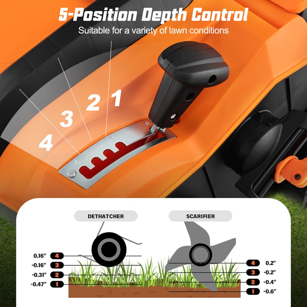 16-Inch Folding Electric Dethatcher & Scarifier w/ 3-Position Height Adjustment
