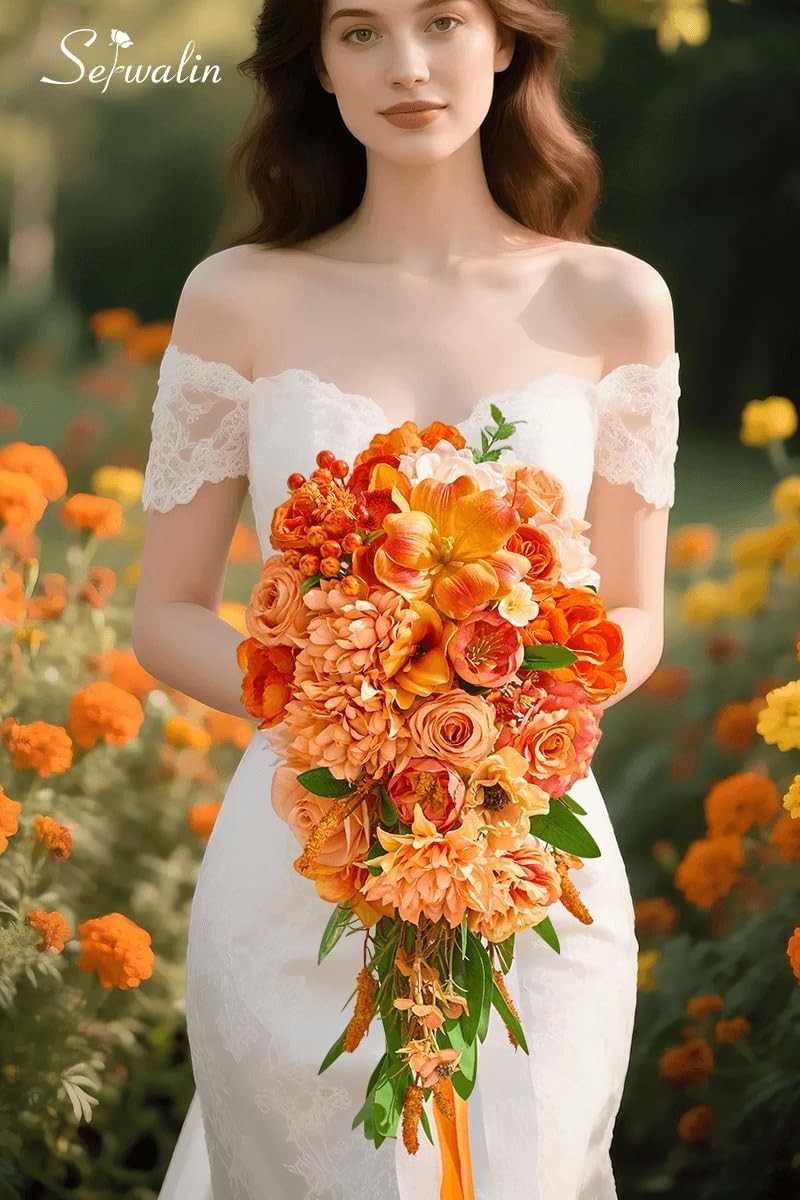 11 Inch Wedding Bouquets Bride Bridesmaid,Fall Cascading Orange Bridal Bouquets